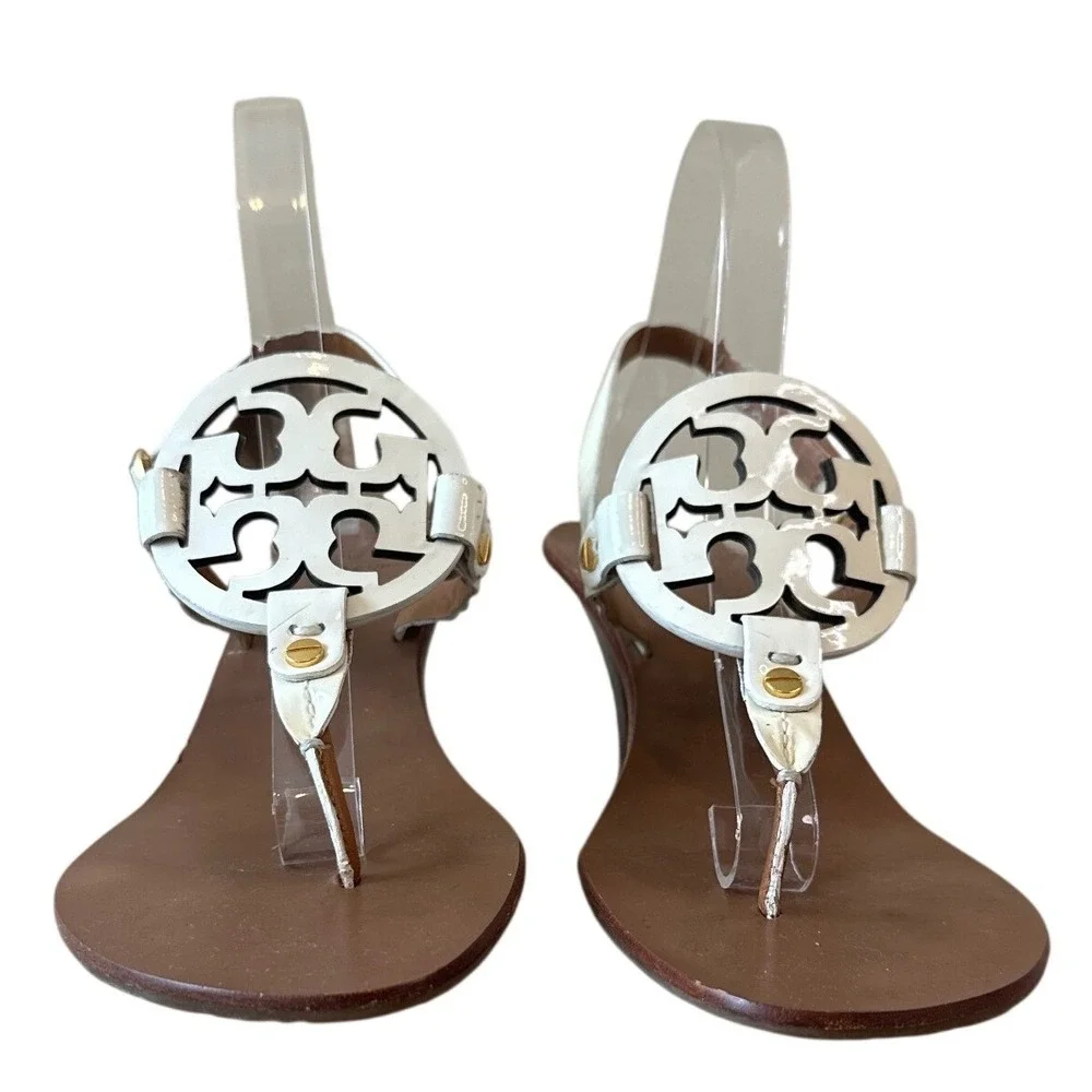 Tory Burch Holly White Patent Double T Kitten Heel Slingback Sandals 9.5